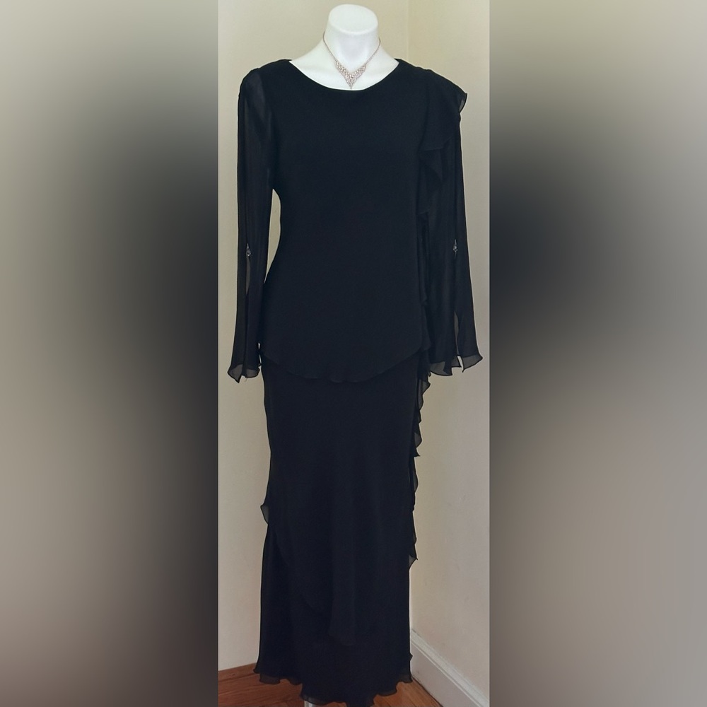 VINTAGE SILK Black, Sheer Ruffled, Asymmetrical Evening Dress Sz M - Picture 3 of 16